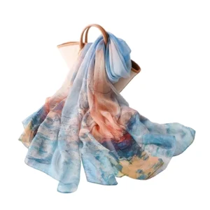 Hangzhou 100% silk scarf – 'Blue Ocean' design, blending West Lake’s tranquility with modern coastal elegance.