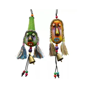 Naxi Dongba Painted Wooden Wind Chime – Horse-Spoon Mask Carving, Lijiang-Inspired Hanging Ornament for Cars/Bags