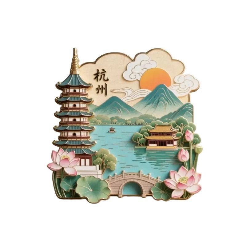 Hangzhou Landmark 3D Metal Relief Fridge Magnet – West Lake, Leifeng Pagoda & Lingyin Temple Souvenir | Durable Travel Keepsake